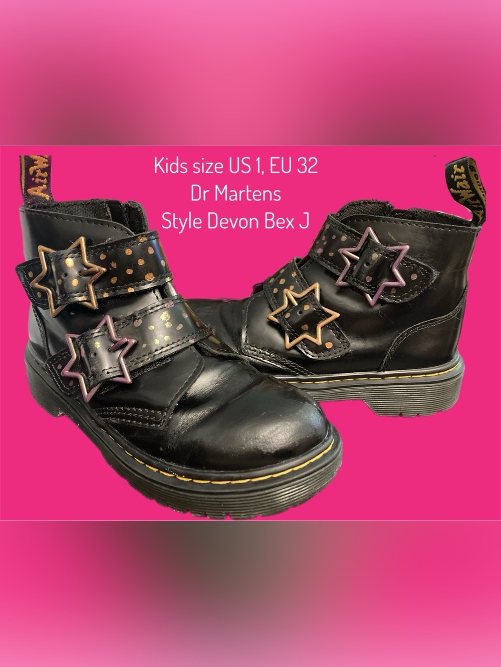 Dr Doc Martens Upcycled Devon Bex J Boots Star Buckle Zip Up Kids US1 EU32